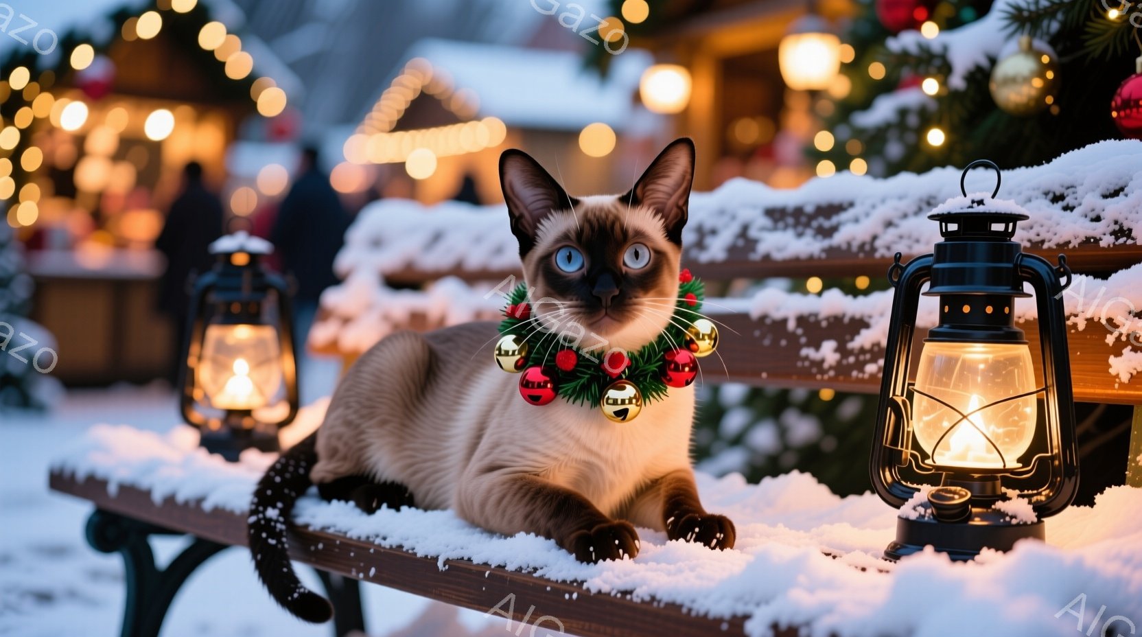 シベリアンブルーの美しいシャム猫が、雪の積もった木製のベンチに堂々と横たわっています。首にはクリスマス風の赤いベルと装飾が施された首輪がついており、その鮮やかな色彩が猫の毛色と対照的です。背景には、ぼやけたクリスマスマーケットの屋台や、暖かく光るランタンが見え、冬の夜の幻想的な雰囲気を醸し出しています。