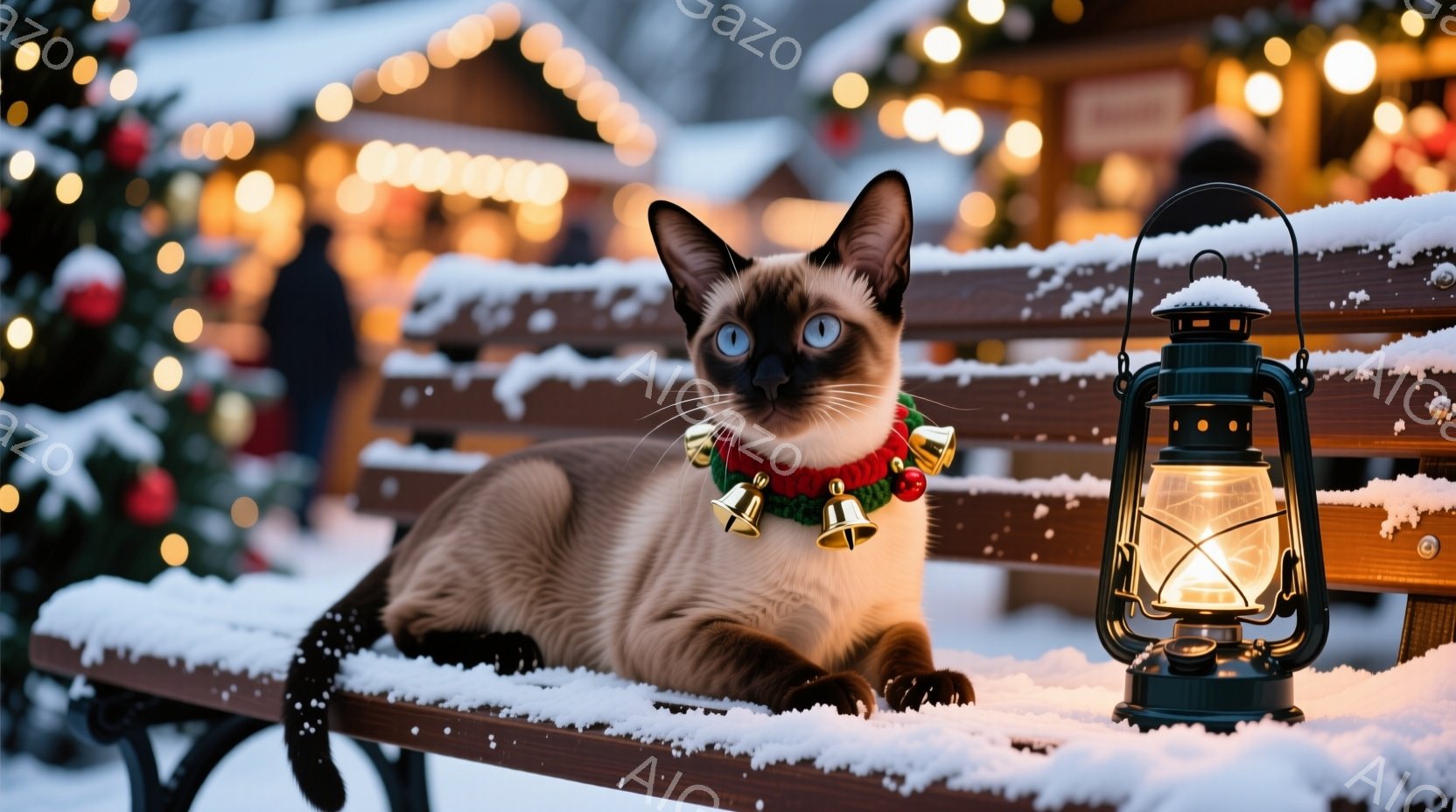 シナモン色の美しい猫が、雪の積もった木製のベンチに横たわっています。首には赤いリボンと鈴のついた首輪が巻かれ、穏やかな表情でこちらを見つめています。背景にはクリスマスのイルミネーションが輝き、冬の暖か - AI生成フリー素材