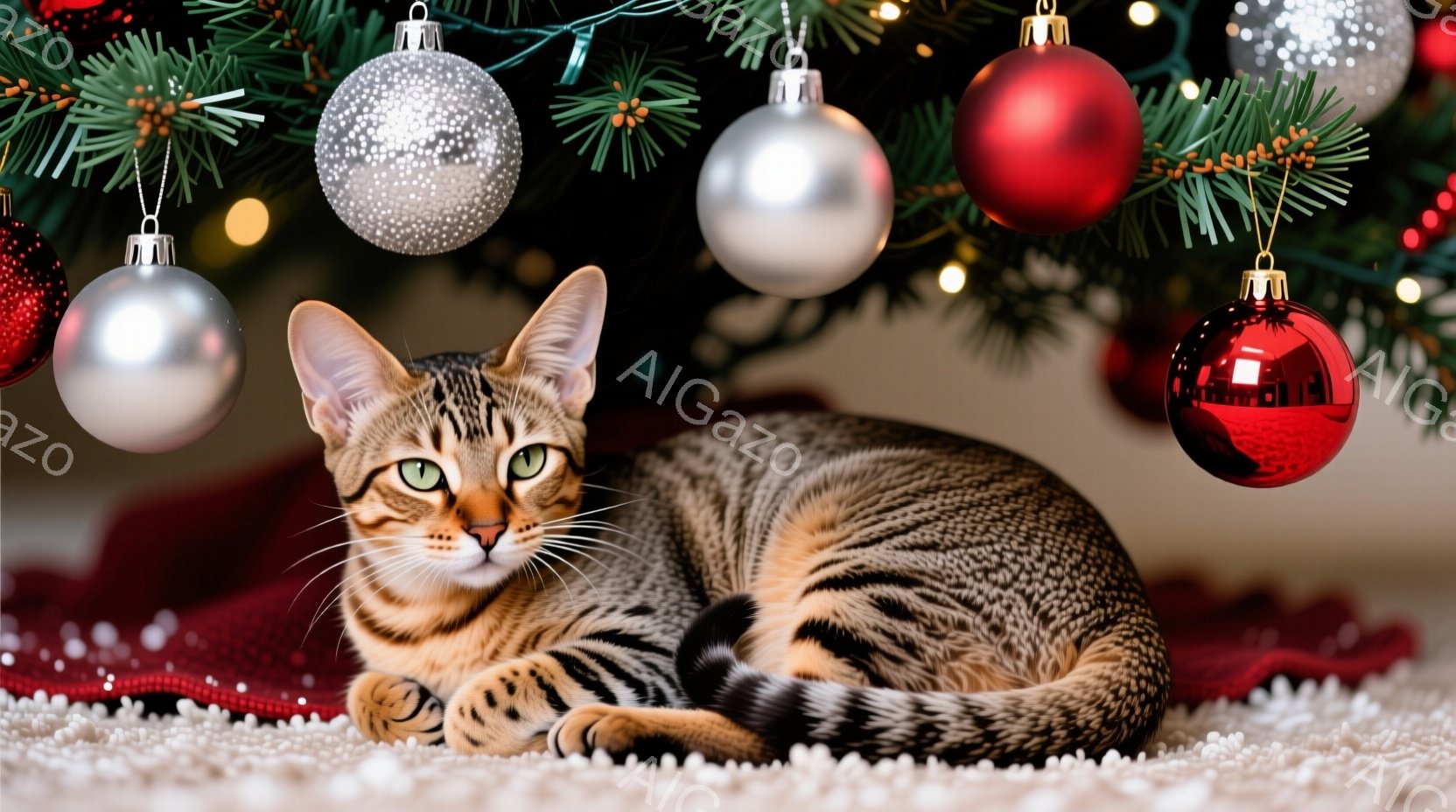 縞模様の猫が赤い布の上に丸まって横たわっており、緑色の背景にクリスマスオーナメントが飾られています。猫は前足を揃えて落ち着いた様子で、緑色の瞳がカメラを見つめています。全体的に暖かく、お祝いムードに満ちた雰囲気です。