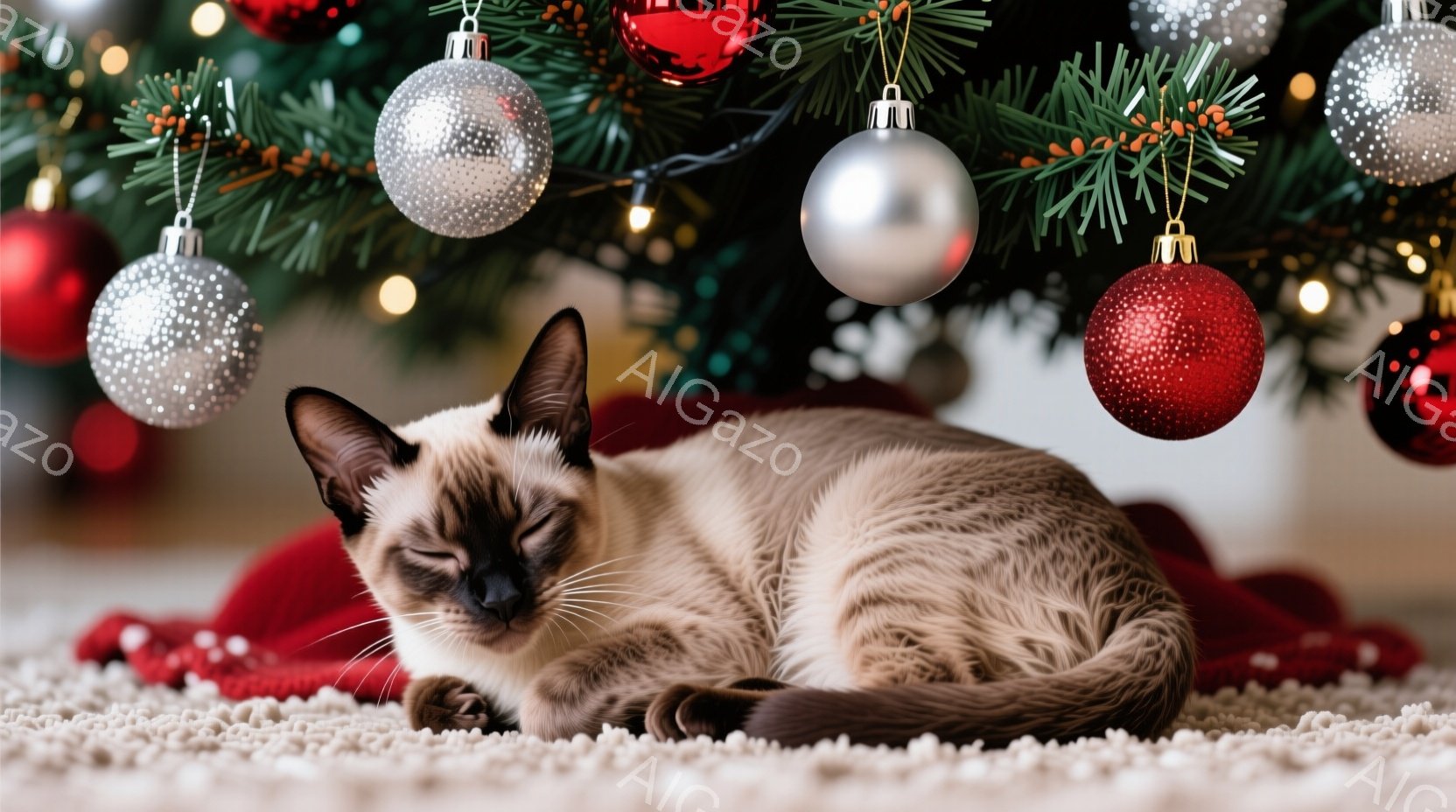 シーラムカラーの猫が、赤い毛布の上で丸まって眠っています。背景にはクリスマスツリーが飾られ、赤いと金のオーナメントが輝き、温かく穏やかな雰囲気を醸し出しています。猫の目は閉じられ、リラックスした様子が伺えます。