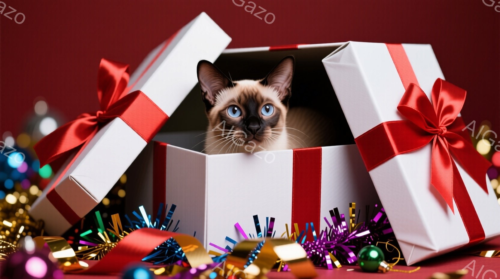 白いギフトボックスの中から、美しいブルーの瞳を持つシャム猫が顔を出しています。猫は好奇心旺盛な表情で、少しだけ箱から顔を出し、周囲を伺っているようです。背景には、色とりどりのキラキラした飾りや赤いリボンが散りばめられ、お祝いムードが高まっています。