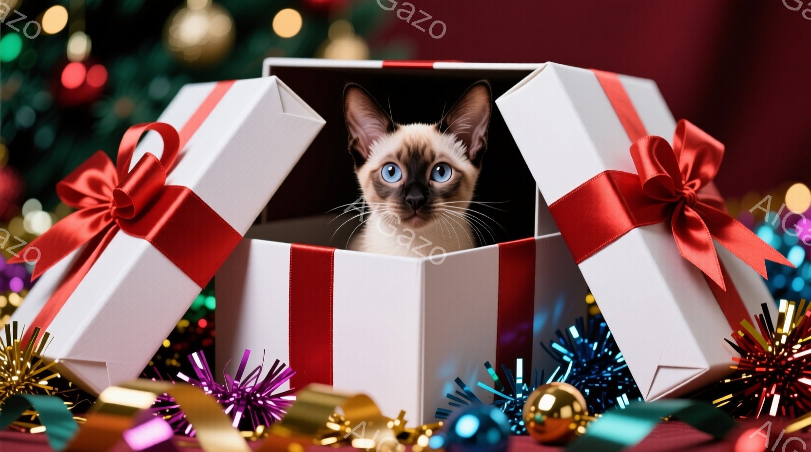 白いギフトボックスから茶色の斑点模様のシャム猫が顔を出しています。猫は青い目を大きく見開き、好奇心と遊び心のある表情をしています。背景にはキラキラと輝くオーナメントやホログラムが散りばめられており、華やかで祝祭的な雰囲気を醸し出しています。