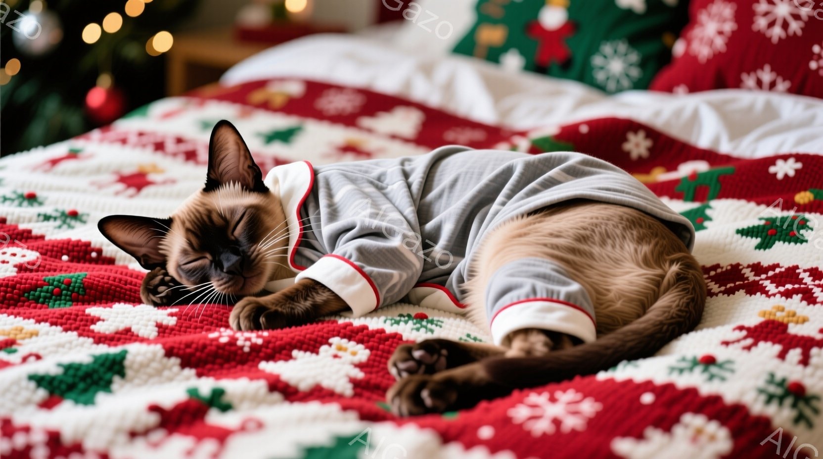 シーマウの猫が、クリスマスの柄のベッドの上で、グレーのパジャマのような服を着て横たわっています。猫は目を閉じ、リラックスした表情で、体を伸ばして眠っているようです。背景にはぼやけたクリスマスツリーの光 - AI生成フリー素材