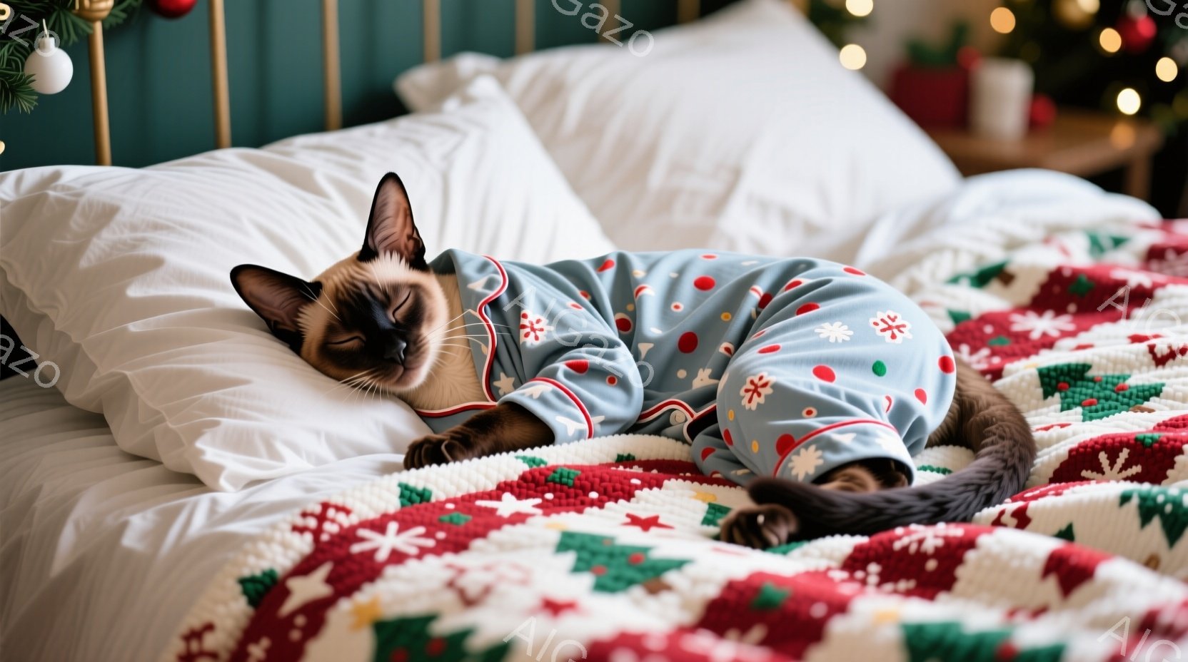 シナモン色の猫が、青いクリスマス柄のパジャマを着てベッドの上で仰向けに寝ています。パジャマには雪の結晶やプレゼントの絵柄があり、可愛らしい印象を与えます。背景には白い枕と赤いクリスマス模様のベッドカバーが見え、クリスマスの雰囲気が漂っています。
