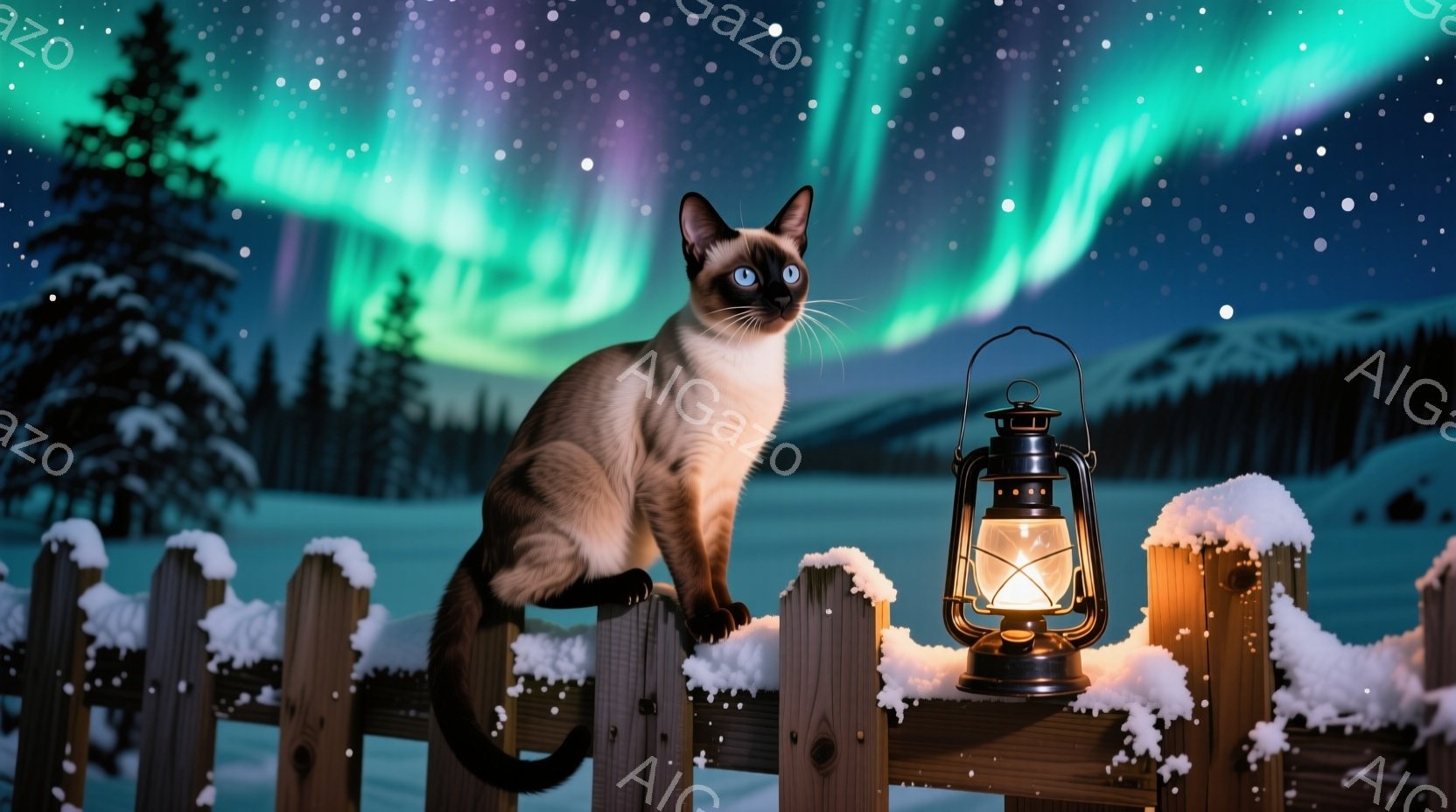 シベリアン猫が雪に覆われた木製の柵の上に座り、遠くのオーロラを眺めている。柵の上には雪が積もり、近くには灯りが灯ったランタンが置かれている。背景には針葉樹の森が広がり、夜空には緑と紫のオーロラが幻想的な雰囲気を醸し出している。
