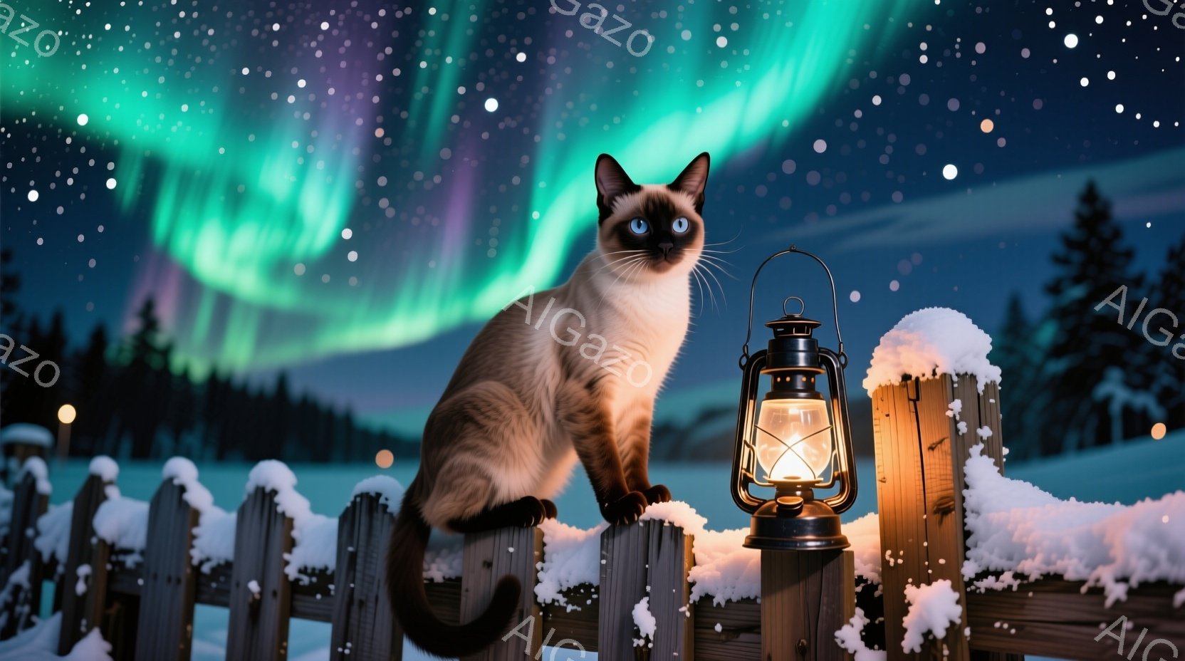 シベリアンハスキーのような毛色の美しい猫が、雪に覆われた木製の柵の上に座っています。背後には、緑と紫が幻想的に輝くオーロラが広がり、遠くには雪に覆われた森林と、ぼんやりと光るランタンが見えます。全体的に、静かで神秘的な冬の夜の雰囲気が漂っています。
