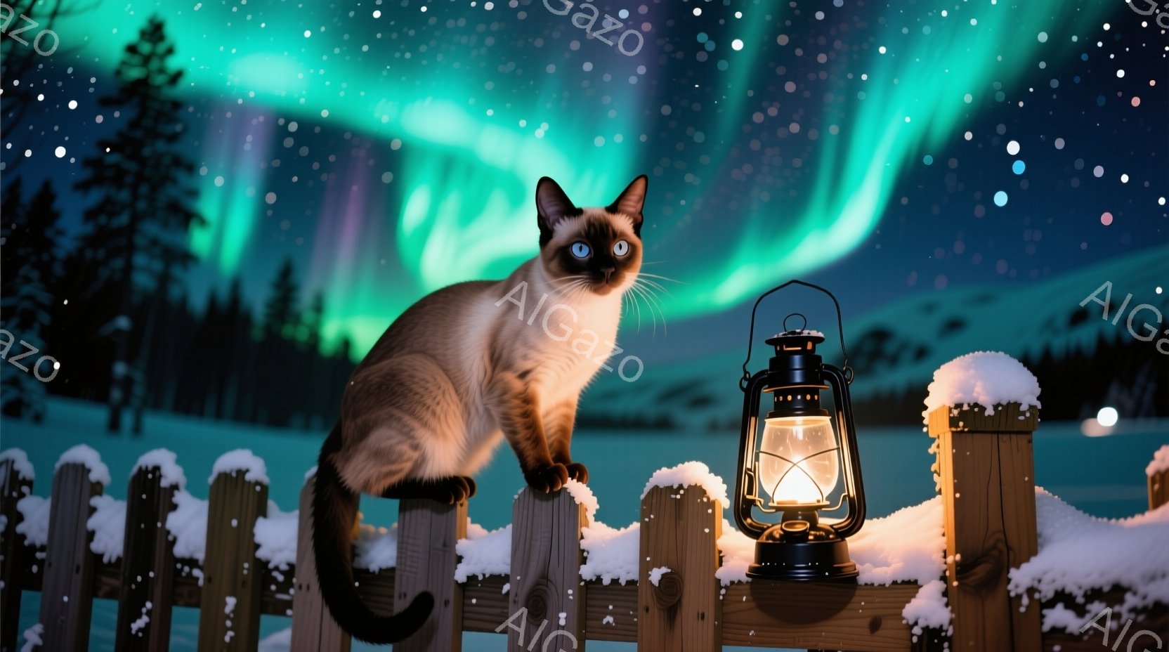 シベリアン猫が雪に覆われた木のフェンスの上に座り、前方をじっと見つめている。背景には、緑と紫のオーロラが広がり、雪に覆われた暗い森が広がっている。暖かく光るランタンがフェンスのそばに置かれ、冬の夜の静かで神秘的な雰囲気を醸し出している。