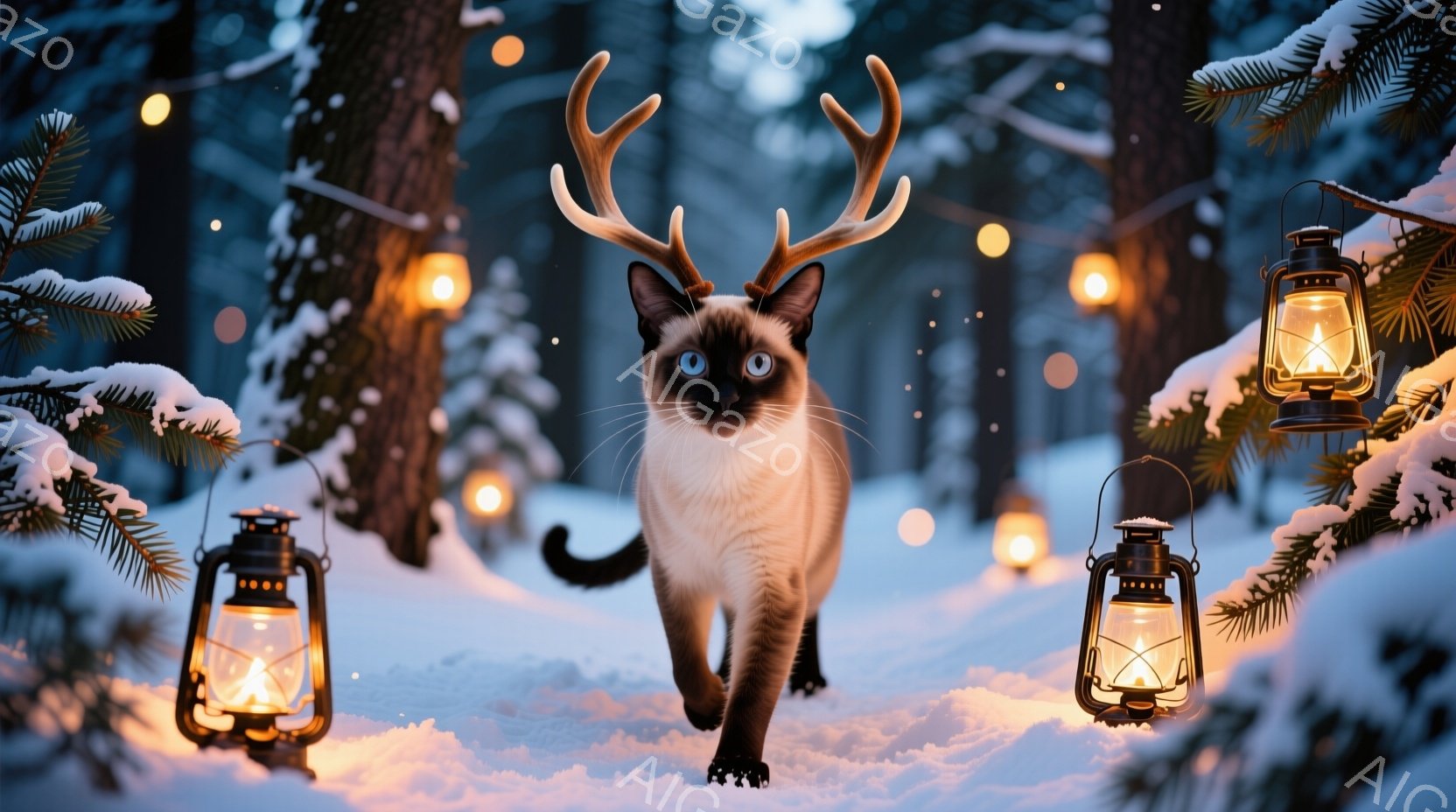 雪に覆われた森の中を、角を持つシャム猫が歩いている。周囲には温かい光を放つランタンがいくつか配置され、幻想的な雰囲気を醸し出している。雪景色と猫のコントラストが美しく、冬の静寂と温かさが感じられる。