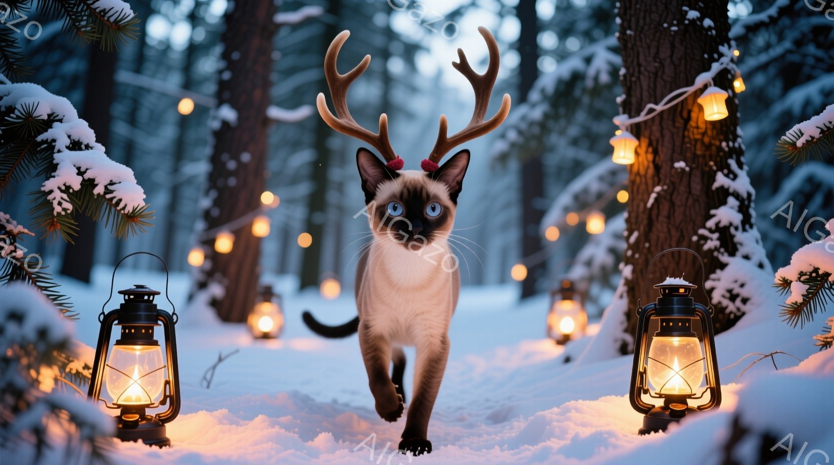 白い雪景色の中で、角のような飾りをつけたシャム猫がこちらに向かって歩いてくる。周りには点灯したランタンやイルミネーションが散りばめられており、まるでクリスマスのファンタジーのような雰囲気を醸し出している。背景には雪をまとった木々が立ち並び、冬の暖かく幻想的な世界観が表現されている。