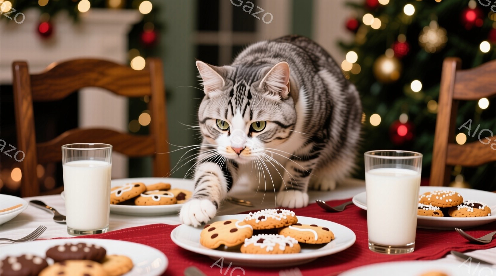 暖炉のそばのテーブルの上で、灰色の縞模様の猫がクッキーを盗もうとしている様子が写っています。テーブルには牛乳のグラスと、チョコレートとアイシングのクッキーが盛られたお皿がいくつか並んでいます。背景にはキラキラと光るクリスマスツリーがあり、暖かく、お祝いの雰囲気が漂っています。