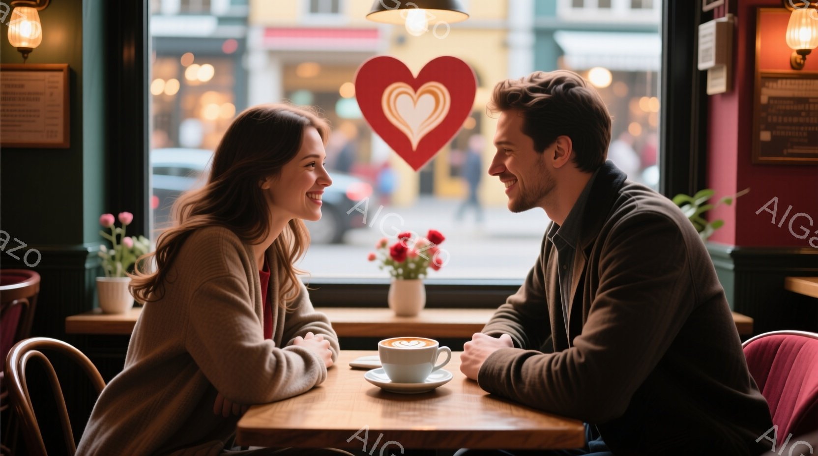 長い茶色の髪をした女性と、短い黒髪の男性がカフェの窓際のテーブルで向かい合って座っています。女性はベージュのセーターを着て微笑み、男性は黒いジャケットを着て、同じように微笑んでいます。テーブルの上には - AI生成フリー素材