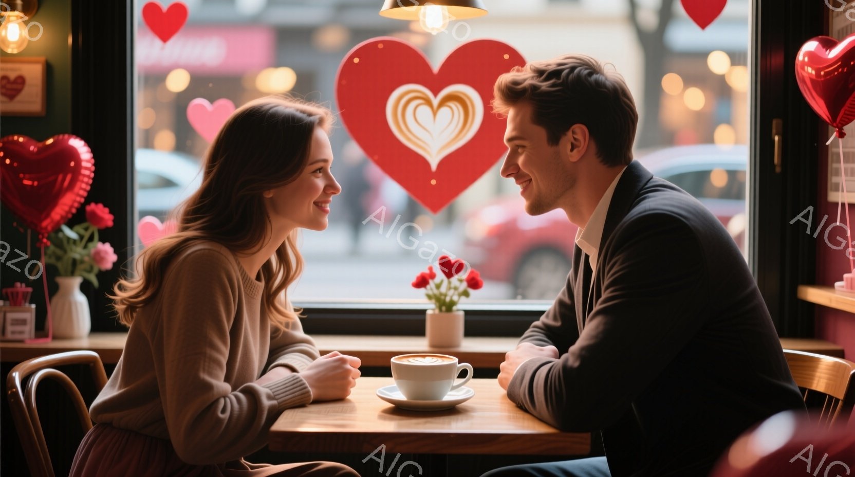 若い男女がカフェの窓際の席で向かい合って座っており、微笑み合いながら互いを見つめ合っている。女性は茶色の長い髪で、ベージュのセーターを着ており、男性は黒いジャケットを着ている。背景にはハート型の飾りや - AI生成フリー素材