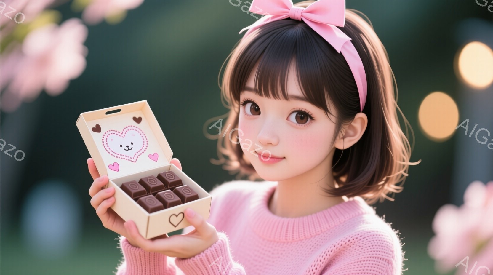 明るい笑顔の若い女性が、ピンク色のセーターを着て、頭にはピンクのリボンをつけています。彼女は、ハート型の模様が描かれたピンク色の箱を持っており、中にはチョコレートが並んでいます。背景には桜の花がぼやけ - AI生成フリー素材