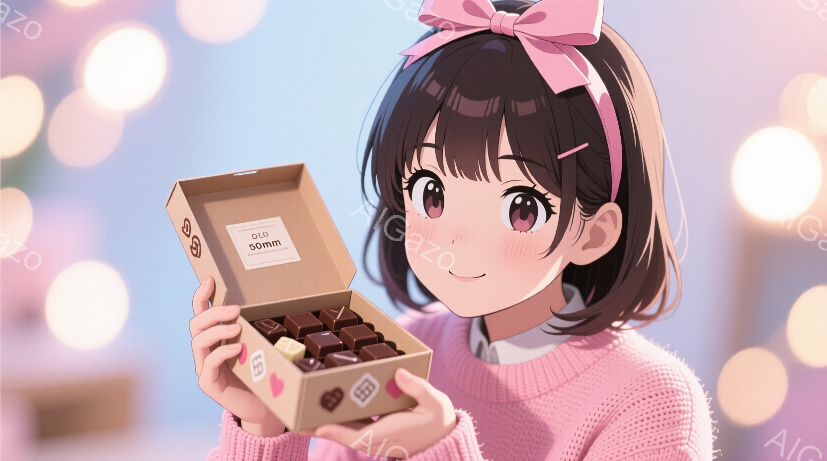 茶髪の少女が、ピンク色のニットを着て、頭にリボンをつけています。彼女は両手でチョコレートの箱を持っており、嬉しそうな笑顔を浮かべています。背景にはぼやけた光の点が散りばめられており、甘くてロマンチック - AI生成フリー素材