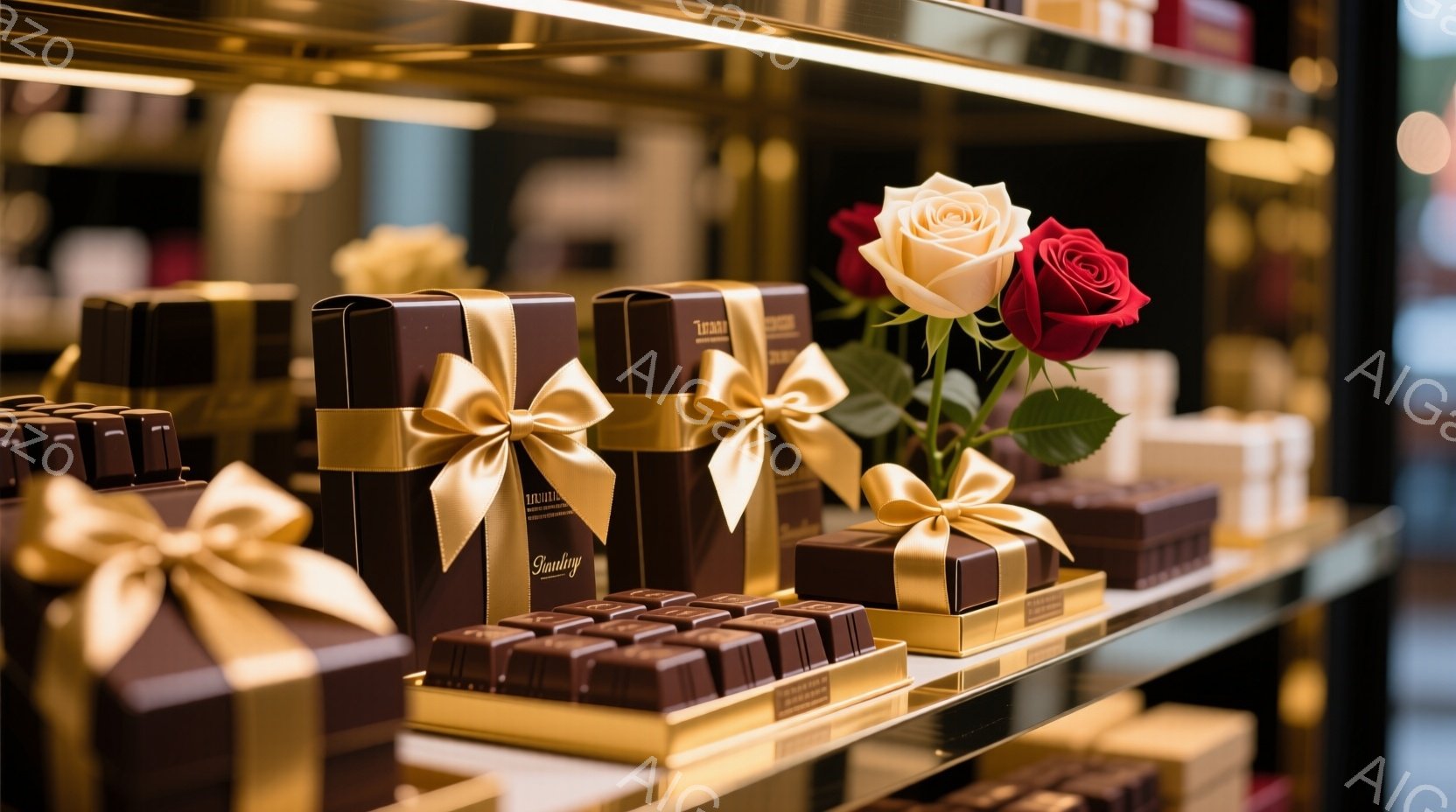ショーケースの中に、茶色の包装紙で丁寧に結ばれたチョコレートが並べられています。金色のリボンと、白と赤のバラが華やかさを添え、高級感あふれる雰囲気を醸し出しています。背景はぼかされており、チョコレート - AI生成フリー素材
