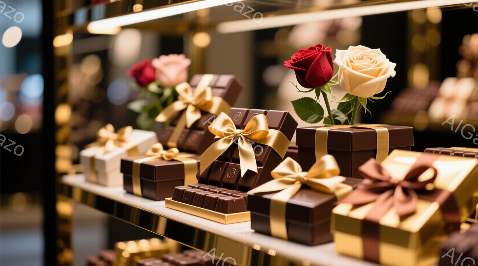 チョコレートのギフトボックスが棚に整然と並べられ、それぞれに金色のリボンが結ばれています。ボックスは茶色、白、濃い茶色など、さまざまな色合いで、その間に赤いバラと白いバラが飾られています。背景は暗く、棚の光がチョコレートと花を照らし出し、豪華で洗練された雰囲気を醸し出しています。