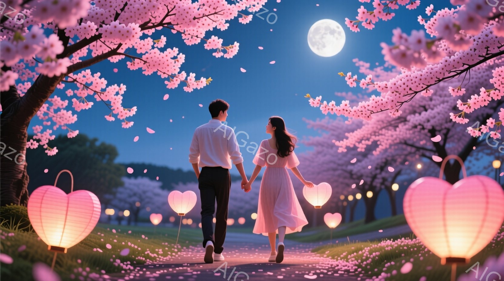 夜の桜並木を、一対の男女が手をつないで歩いている。女性は白くゆったりとしたワンピースを着ており、長く黒い髪を背中に流している。背景には満月が輝き、地面と道には桜の花びらが舞い散り、ハート型の提灯が幻想 - AI生成フリー素材