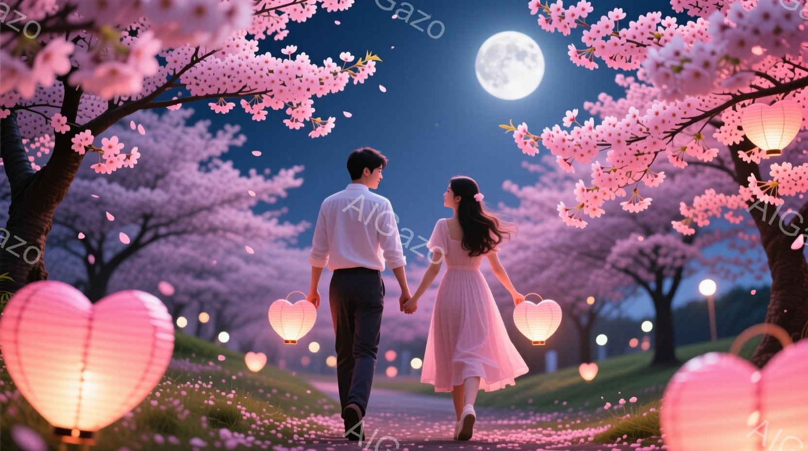 夜空の下、桜並木を男女が手をつないで歩いている。男性は白いシャツにパンツ、女性はピンク色のワンピースを着ており、長い髪が背中に流れている。桜の花びらが舞い散り、ハート型の提灯が並木を照らし、ロマンチックで幻想的な雰囲気を醸し出している。