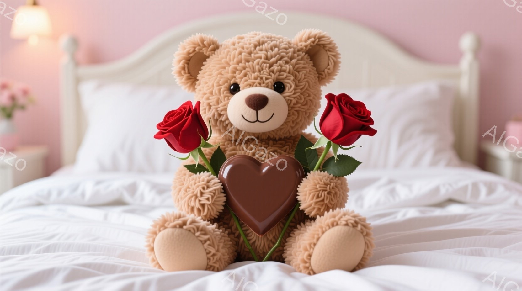 柔らかい茶色のテディベアが白いベッドの上に座っており、両手に赤いバラとチョコレートのハートを持っています。ベアは微笑んでおり、とても愛らしい表情をしています。背景には淡いピンク色のヘッドボードと、ぼや - AI生成フリー素材