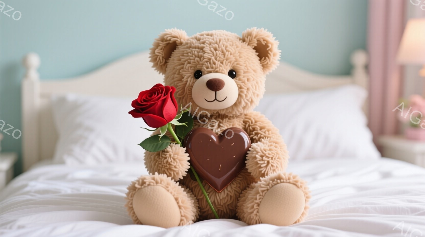 柔らかい茶色のテディベアが白いベッドの上に座っており、片手に赤いバラ、もう片手にチョコレートのハート型を持っています。背景には、淡い水色の壁と、装飾的なヘッドボードが見え、優しい雰囲気が漂っています。全体的に、愛情とロマンスを感じさせる、温かいイメージです。
