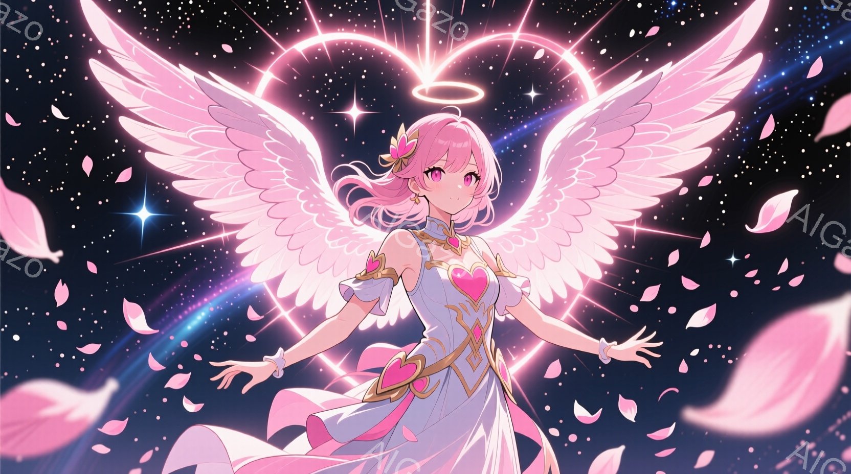 明るいピンク色の髪に花飾りをつけた少女が、大きな白い翼を広げ、空中で優雅にポーズをとっています。彼女は、ハート型の装飾が施された白いドレスと、金色のアクセントが施された肩当てを身に着けており、表情は穏 - AI生成フリー素材