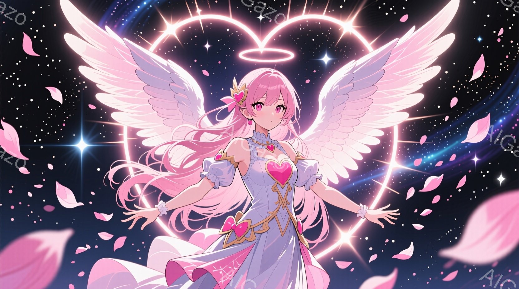 長いピンク色の髪を靡かせ、白いドレスと翼を持つ少女が描かれています。ドレスにはハート型の装飾があり、両手を広げて祝福しているようなポーズをとっています。背景は暗い宇宙空間で、ピンク色の花びらと光の粒子が舞い、明るい光輪が少女を囲み、幻想的で祝福的な雰囲気を醸し出しています。
