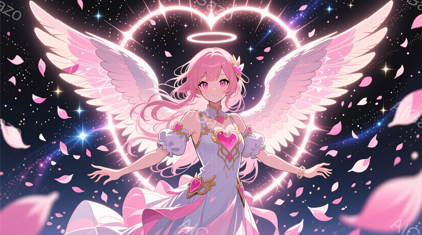 明るいピンク色の髪を長く伸ばした少女が描かれており、ふわふわとした天使の翼を広げ、華やかなピンク色のドレスを身に着けています。彼女は両手を広げ、微笑んでおり、背景にはピンク色のハート型の光輪と、舞い散る花びらが散りばめられています。全体的に、夢幻的で優雅な雰囲気を醸し出しています。