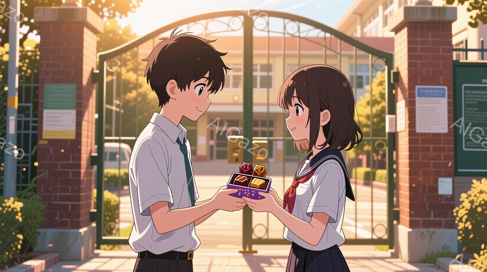 制服を着た少年と少女が、学校の門の前で贈り物を交換している場面です。少年は黒髪で、白いシャツにネクタイ、黒いズボンを着用し、笑顔でチョコレートの箱を差し出しています。少女は茶髪をツインテールにし、セーラー服を着ており、少し照れたような笑顔でチョコレートを受け取っています。背景にはレンガ造りの校舎と緑豊かな木々が見え、暖かい日差しが降り注ぎ、明るく穏やかな雰囲気を醸し出しています。