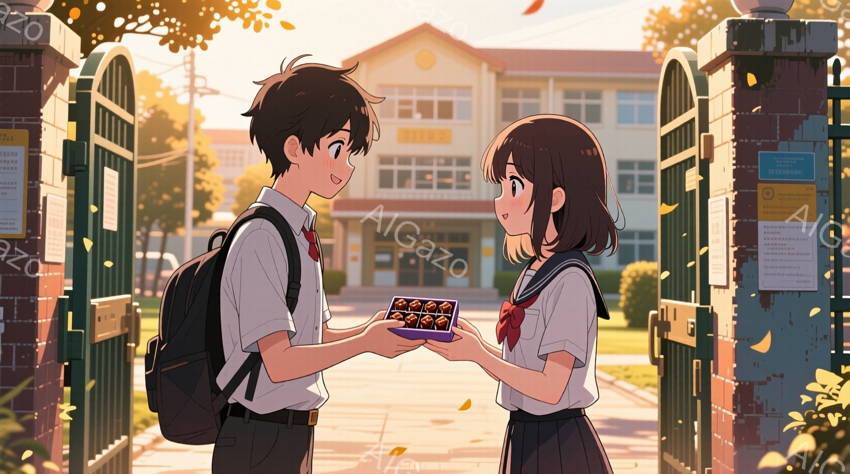 制服を着た少年と少女が学校の門の前で向き合っています。少年は紺色のブレザーに茶色のズボン、少女はセーラー服を着ており、少女が手に持ったチョコレートの箱を少年へ渡そうとしています。背景にはレンガ造りの校舎と、秋らしい黄色の落ち葉が舞う校庭が見え、穏やかで少し甘い雰囲気が漂っています。