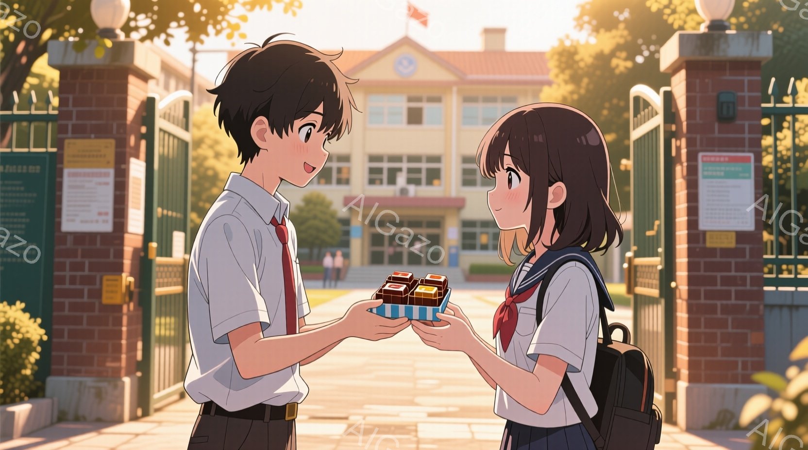 制服姿の男女が学校の門の前で向き合っている。少年は黒髪で、白いシャツにズボンを履き、少し照れたような表情をしている。少女は茶髪のショートヘアで、セーラー服を着ており、手にチョコレートのようなお菓子を差し出している。