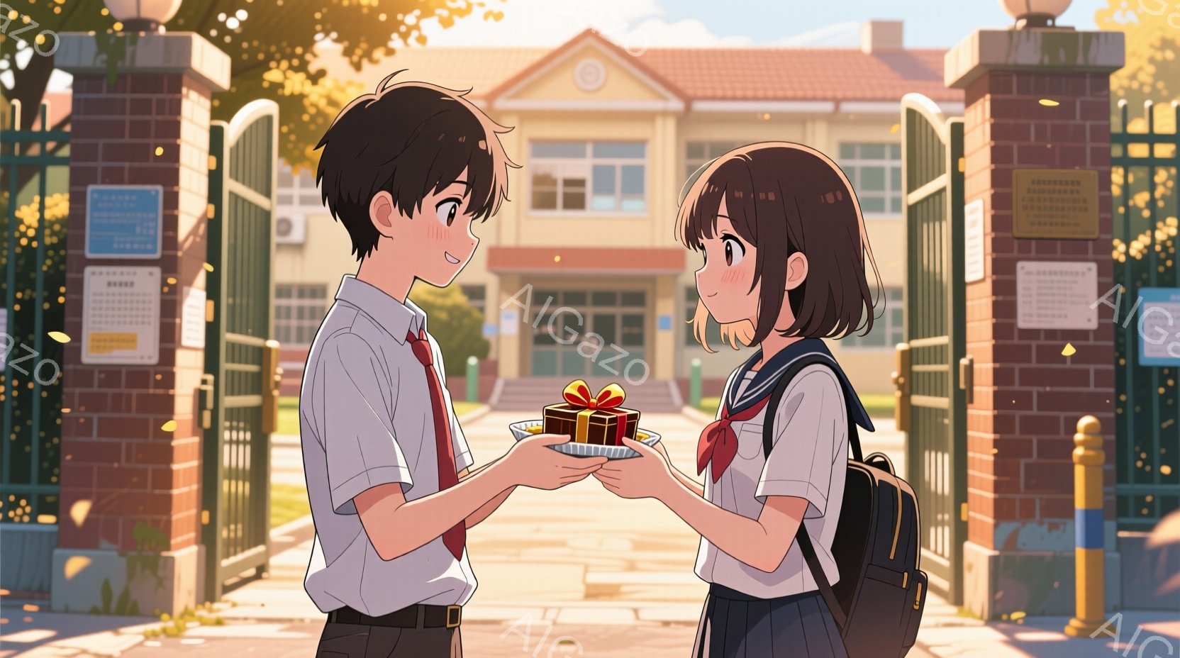 制服を着た少年と少女が、学校の門の前でプレゼントを交換している場面です。少年は紺色のブレザーに白いシャツ、赤いネクタイを締め、少女は同じブレザーに白いブラウス、赤いリボンをつけ、リュックサックを背負っています。背景にはレンガ造りの校舎と青空、そして緑豊かな木々が広がり、暖かく穏やかな雰囲気が漂っています。