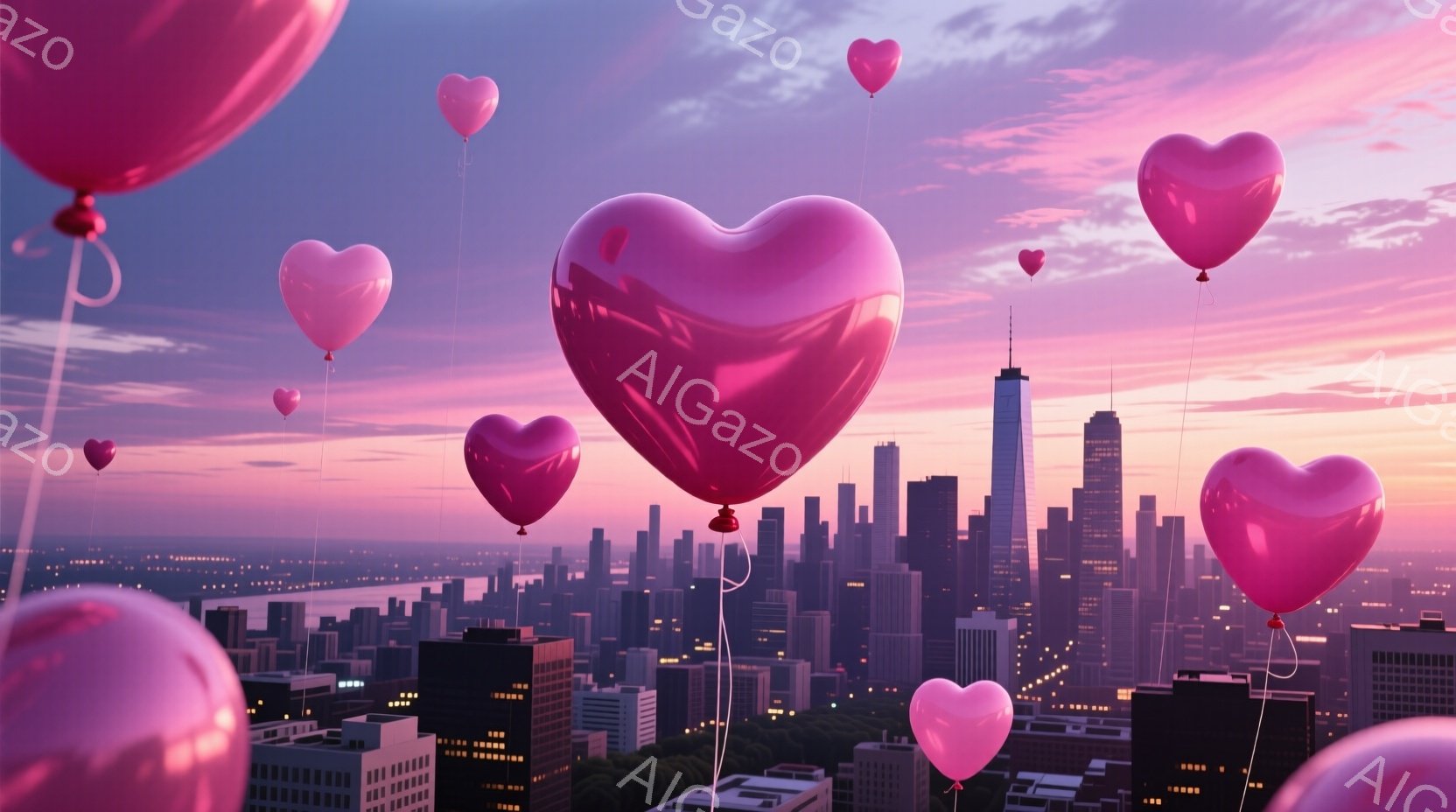 ニューヨークの摩天楼を背景に、多数のピンク色のハート型の風船が空に浮かんでいる様子を描いています。夕焼けの空は、ピンクと紫の色合いでグラデーションになっており、都市の明かりと相まって幻想的な雰囲気を醸し出しています。風船は様々な大きさで、都市の上空を漂い、ロマンチックで夢のような光景を作り出しています。