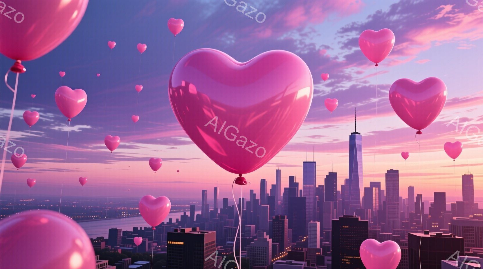 空には無数のハート型の風船が浮かび、ニューヨークの摩天楼を背景に幻想的な光景が広がっています。夕焼け空はピンクと紫のグラデーションで彩られ、街の明かりと相まってロマンチックな雰囲気を醸し出しています。風船は様々な大きさで、まるで愛のメッセージが空に舞い上がっているようです。