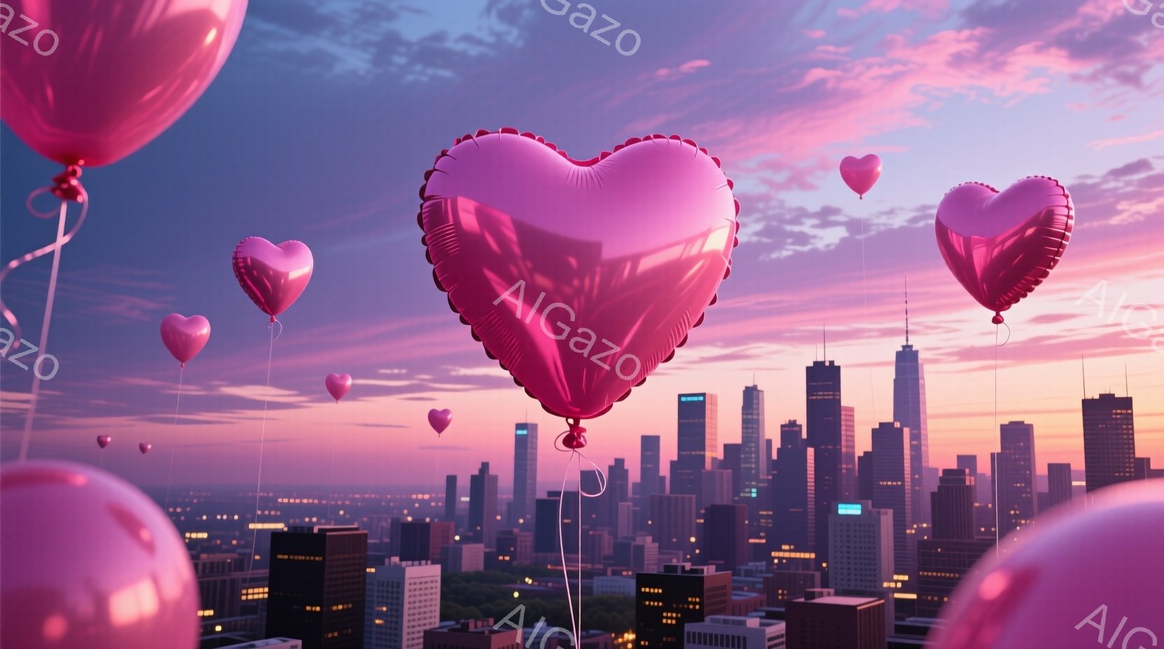 ピンク色のハート型の風船が、夕暮れ時の都市のスカイラインの上空に浮かんでいる。高層ビル群は夕日の光を浴びてオレンジ色に輝き、空はピンクと紫のグラデーションが美しい。全体的にロマンチックで夢幻的な雰囲気が漂っている。