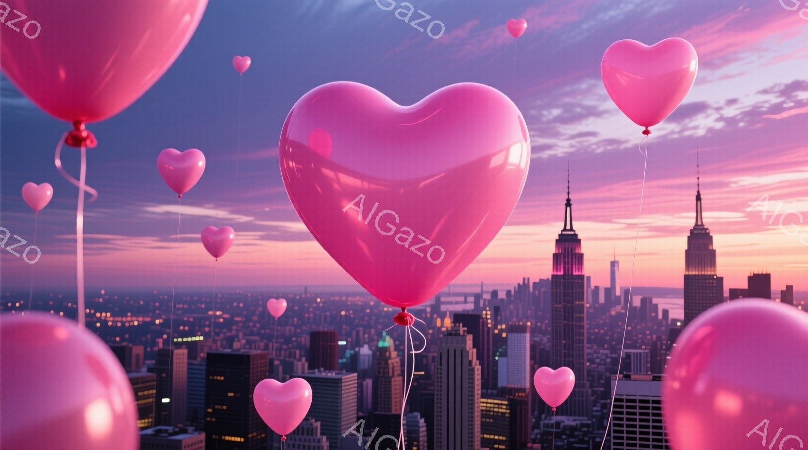 ピンク色のハート型の風船が多数、夕焼けの空と高層ビル群を背景に浮かんでいる様子が描かれている。高層ビルはニューヨークのスカイラインに似ており、空はオレンジ、ピンク、紫のグラデーションで、穏やかでロマンチックな雰囲気を醸し出している。風船はそれぞれ紐で結ばれており、空中に漂う様子が可愛らしい印象を与える。