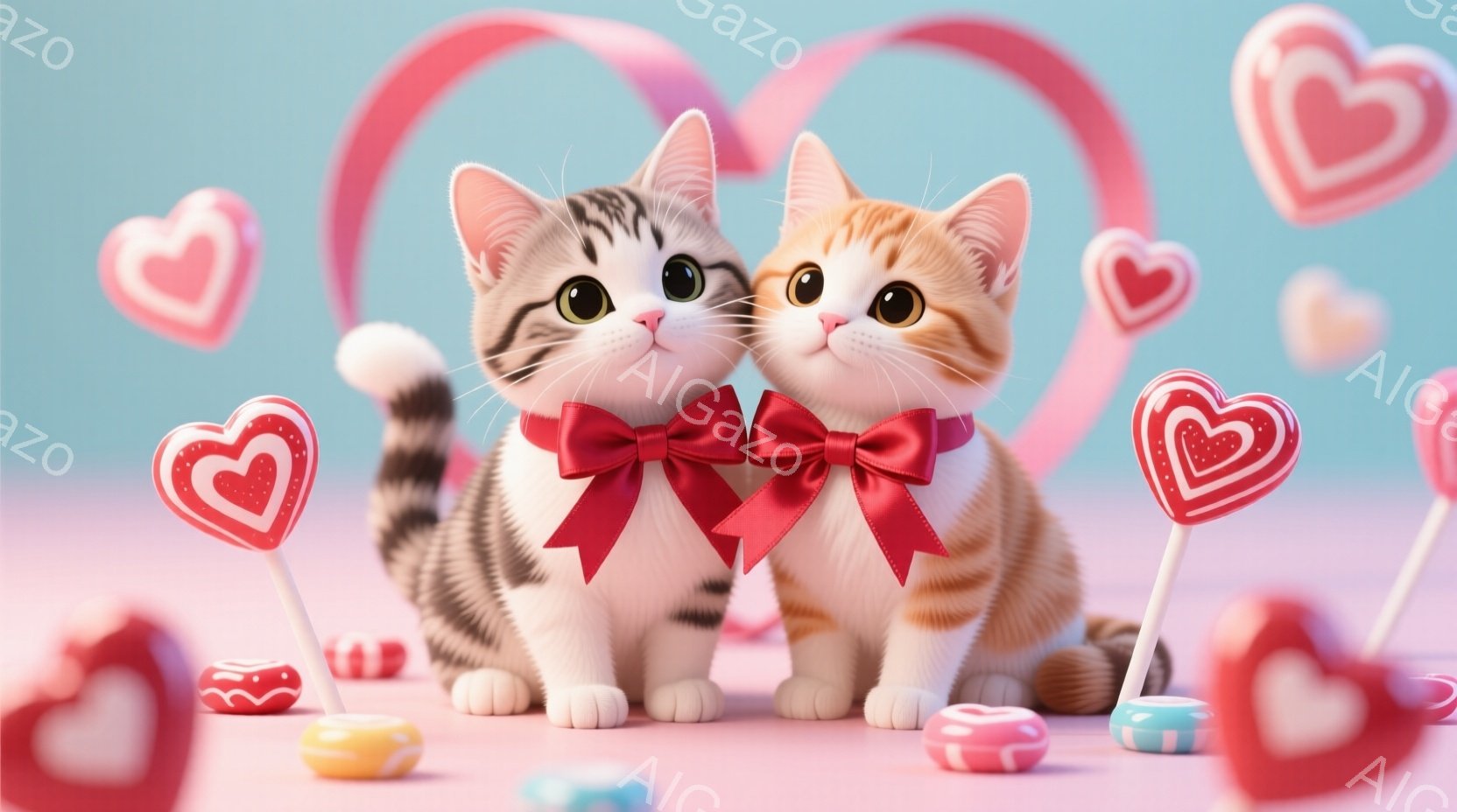縞模様の猫と白い猫が寄り添って座っており、それぞれ赤いリボンをつけています。二匹とも大きな瞳で微笑んでおり、可愛らしい表情をしています。背景はピンク色で、ハートやキャンディーが浮かんでおり、甘くてロマンチックな雰囲気が漂っています。
