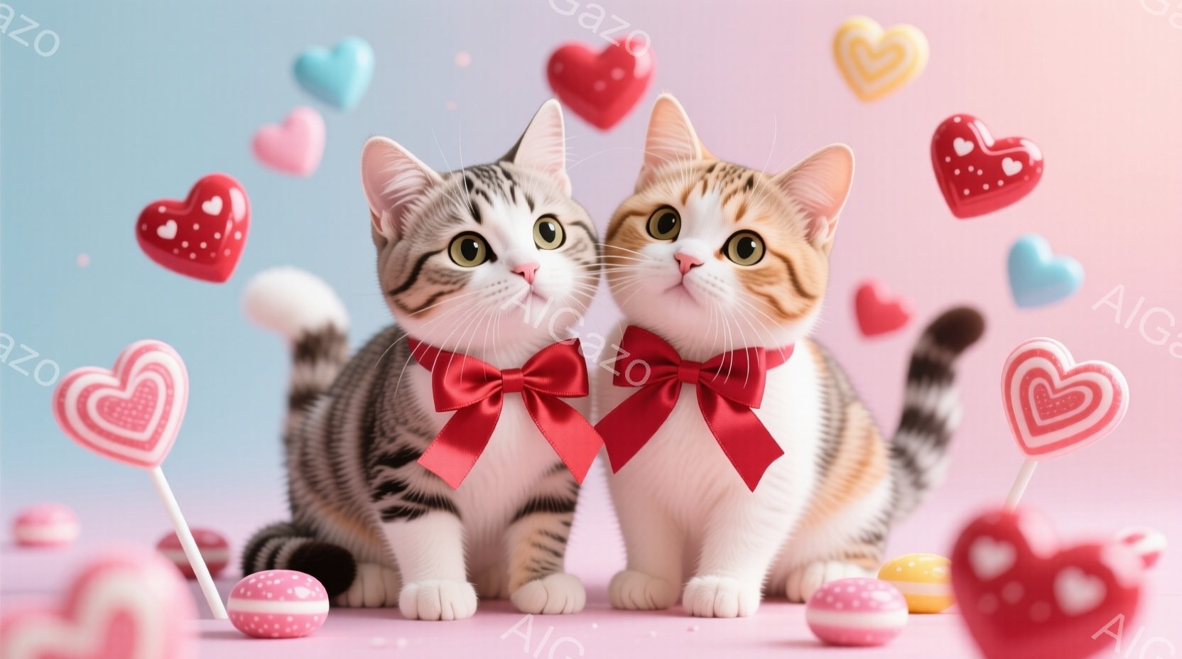 赤いリボンを付けた2匹の猫が寄り添って座っています。猫たちは顔を寄せ合い、愛情に満ちた表情をしています。背景はピンク色で、様々なハートの形をしたキャンディーやオーナメントが浮かび、ロマンチックで甘い雰 - AI生成フリー素材