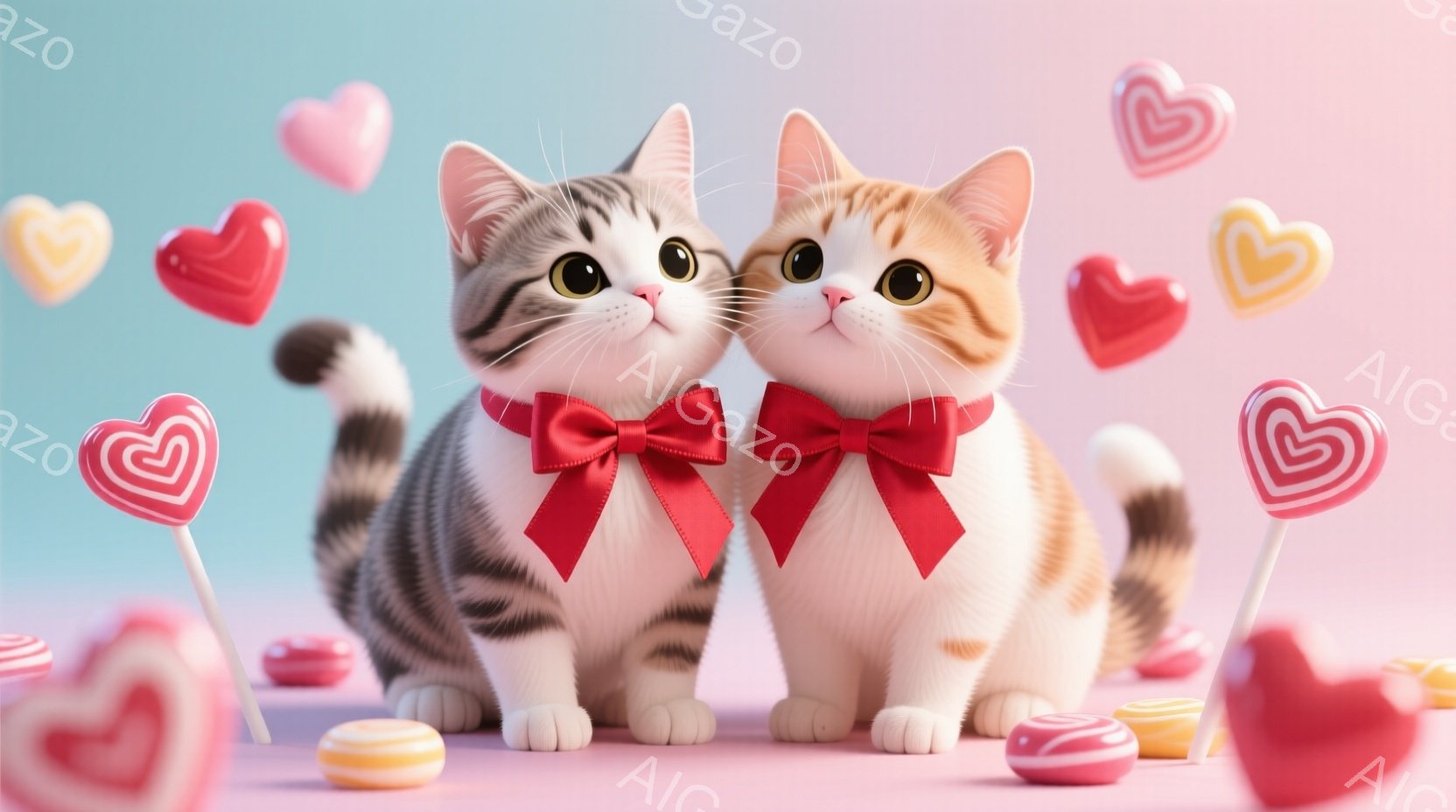 二匹の猫が寄り添って座っており、それぞれ赤いリボンをつけています。背景にはピンクと水色のグラデーションがあり、キャンディやハート型のオブジェクトが浮かんでいます。全体的に甘くて可愛らしい、バレンタインデーのような雰囲気です。