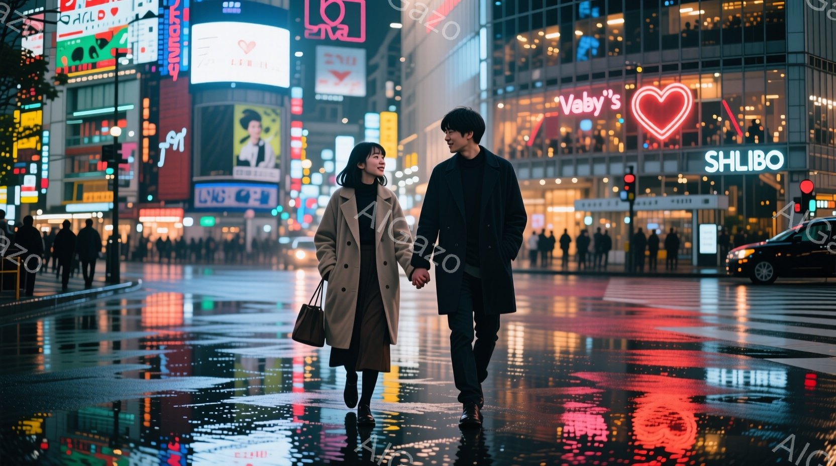 街の賑やかな通りを、若い男女が手をつないで歩いている様子が写っている。女性はベージュ色のロングコートにダークヘア、男性は黒いコートに短髪で、二人ともリラックスした表情で、親密な雰囲気を醸し出している。 - AI生成フリー素材