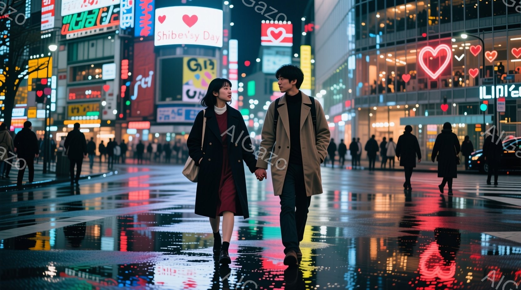 夜の賑やかな街を、若い男女が手をつないで歩いている。女性は赤いワンピースに黒いコートを着て、黒髪を肩まで伸ばしている。男性はグレーのコートを着ており、二人とも前を見つめ、穏やかな表情をしている。背景には高層ビルが立ち並び、ネオンサインが光り、雨上がりの濡れた路面に光が反射し、ロマンチックで都会的な雰囲気を醸し出している。