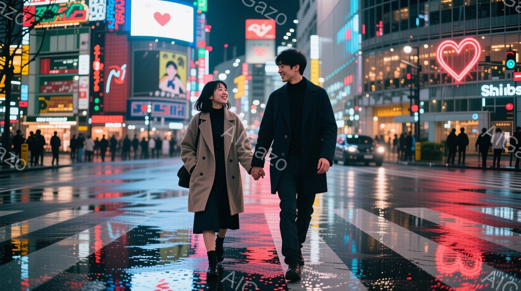 若い男女が渋谷のスクランブル交差点で手をつないで歩いている。女性はベージュのコートと黒いブーツを履き、ロングヘアを肩にかけて微笑んでいる。背景にはネオンが輝く高層ビルが立ち並び、雨上がりの濡れた路面に光が反射し、ロマンチックで活気のある雰囲気を醸し出している。