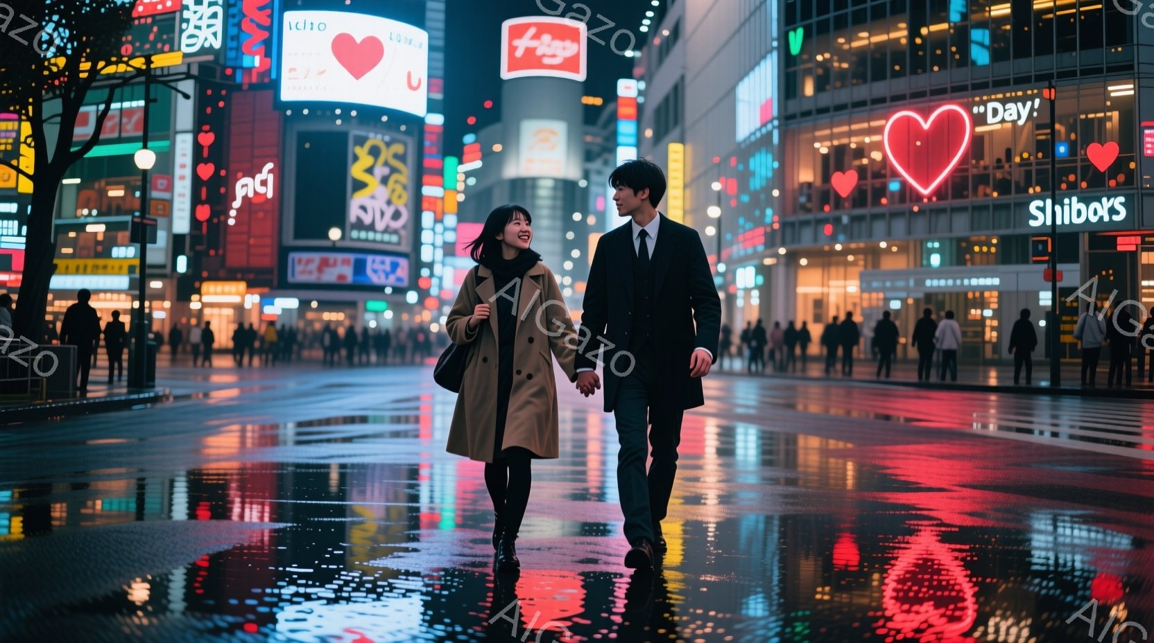 若い男女が濡れた歩道橋を歩いている様子が写っている。女性はベージュ色のトレンチコートを着ており、長い黒髪を肩から下ろしている。男性は黒いコートとズボンを着用し、少し微笑んでいる。背景にはネオンサインが輝き、雨上がりの夜の賑やかな街並みが広がっている。