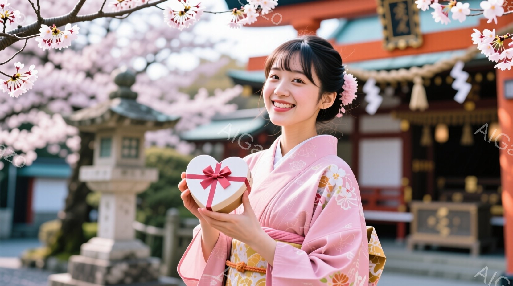 明るいピンク色の花柄の着物を着た女性が、ハート型の箱を両手で抱えています。彼女は微笑んでおり、髪には花飾りをつけています。背景には、鮮やかな朱色の建物と、桜の花が咲き誇る美しい風景が広がっています。 - AI生成フリー素材