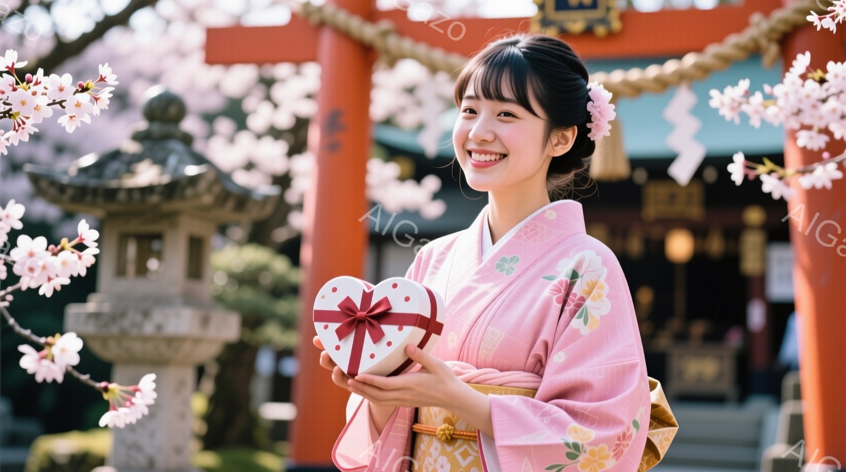 桜並木を背景に、ピンク色の着物を着た女性が微笑んでいます。彼女は片手にハート型の赤い箱を持っており、髪には花飾りをつけています。全体的に春らしく、お祝いの雰囲気が漂う写真です。