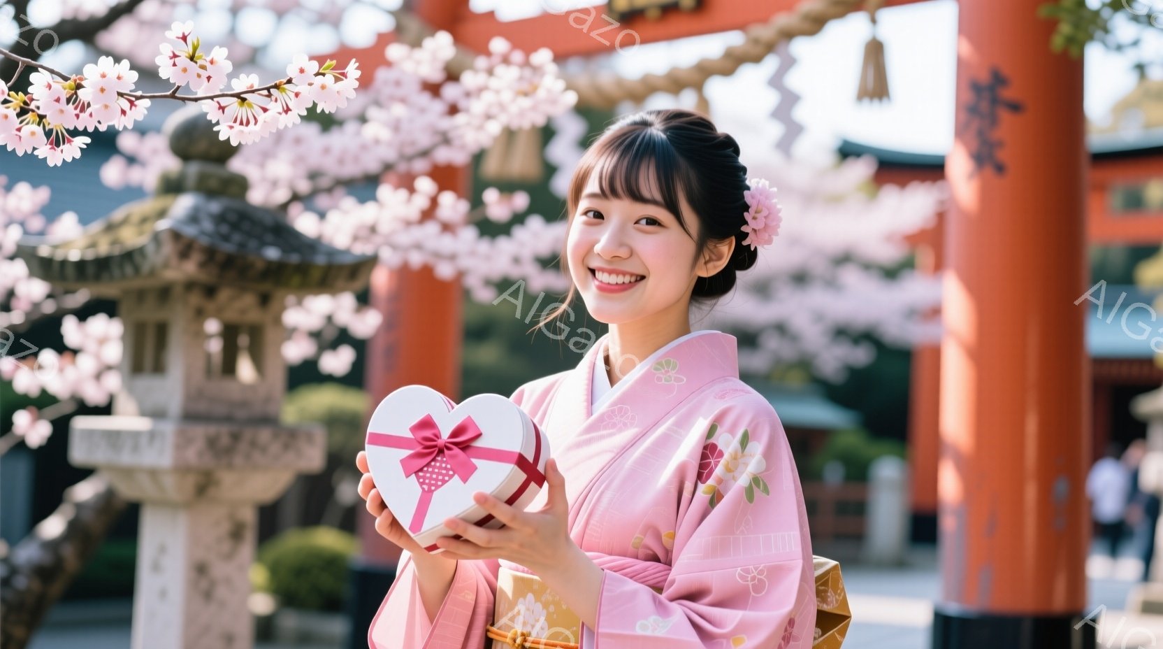 薄ピンク色の花柄の着物を着た女性が、赤いハート型の箱を両手で抱えています。彼女は微笑んでおり、黒髪を後ろでまとめ、髪飾りをつけています。背景には、鳥居や提灯が見え、桜の花が咲き誇り、春の暖かく穏やかな雰囲気が漂っています。