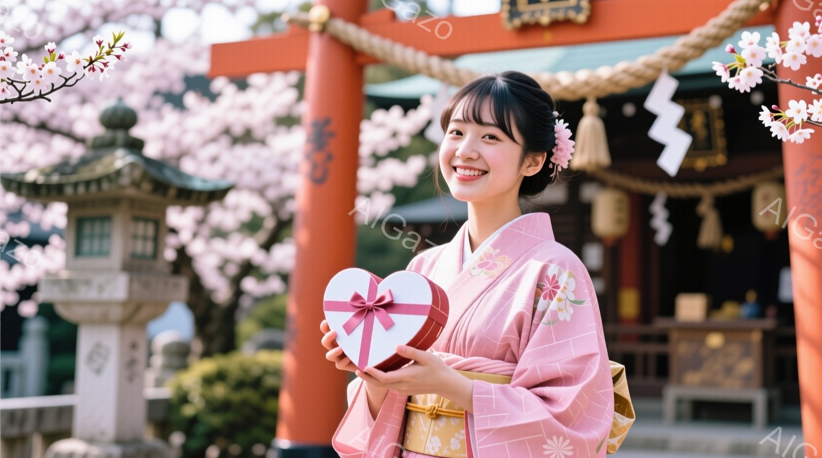 鮮やかなピンク色の着物を着た若い女性が、赤いハート型の箱を両手で抱えています。彼女は微笑んでおり、髪はきれいにまとめられ、髪飾りをつけています。背景には、桜並木と赤い鳥居が見え、春の穏やかで華やかな雰 - AI生成フリー素材