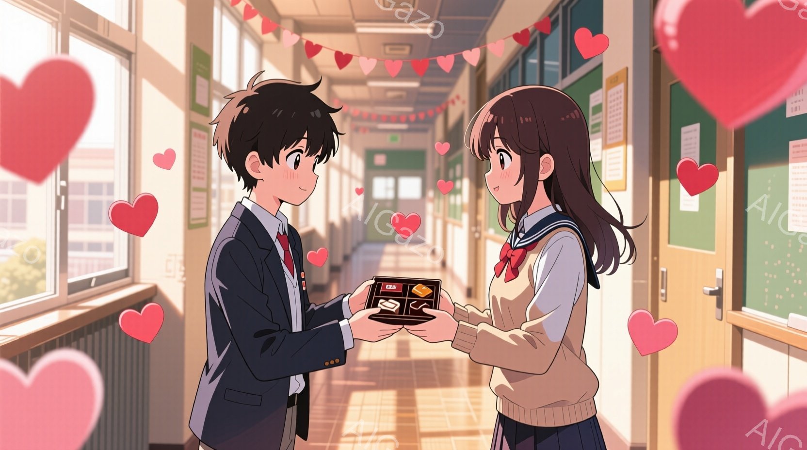 少年は紺色のブレザーに赤いネクタイを締め、少女にチョコレートの箱を差し出しています。少女はベージュのセーターに紺色のスカート、長い茶髪をサイドに流し、少し照れたような表情をしています。背景は学校の廊下で、壁にはポスターが貼られ、天井からはハート型の飾り付けがぶら下がっており、甘くてロマンチックな雰囲気を醸し出しています。