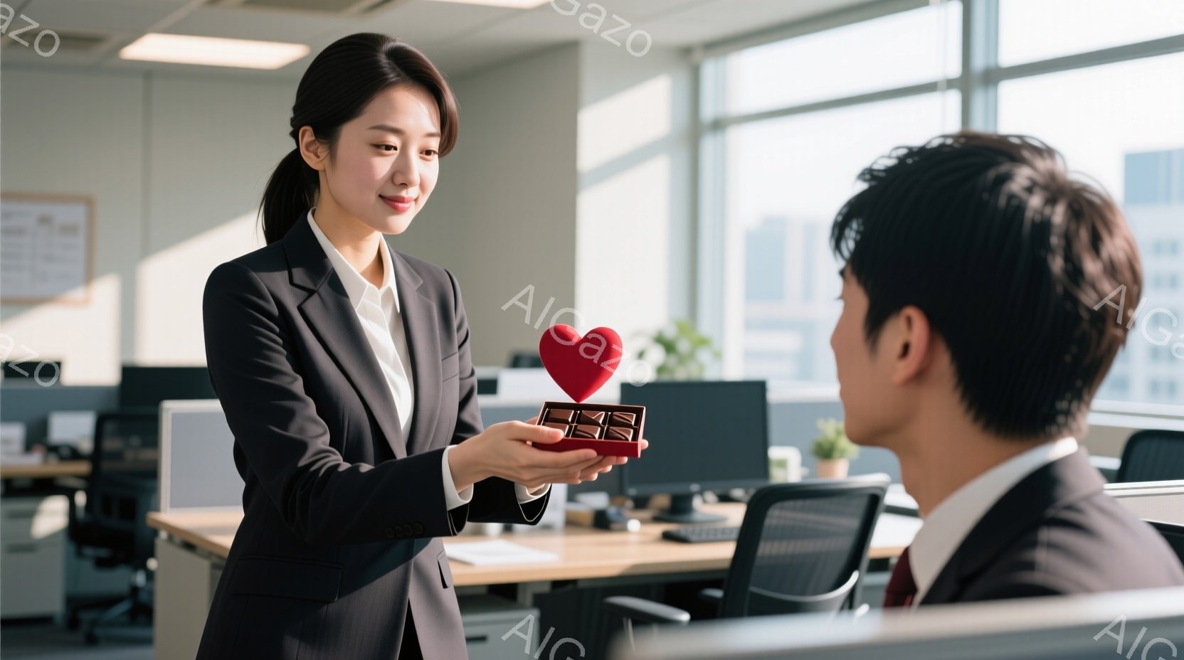 オフィスで、黒いスーツを着た女性が、赤いハート型のチョコレートが入った箱を男性に差し出しています。女性は微笑んでおり、男性は彼女を見つめています。背景にはオフィス内のデスクやパソコン、そして窓から見える都市の景色が見えます。