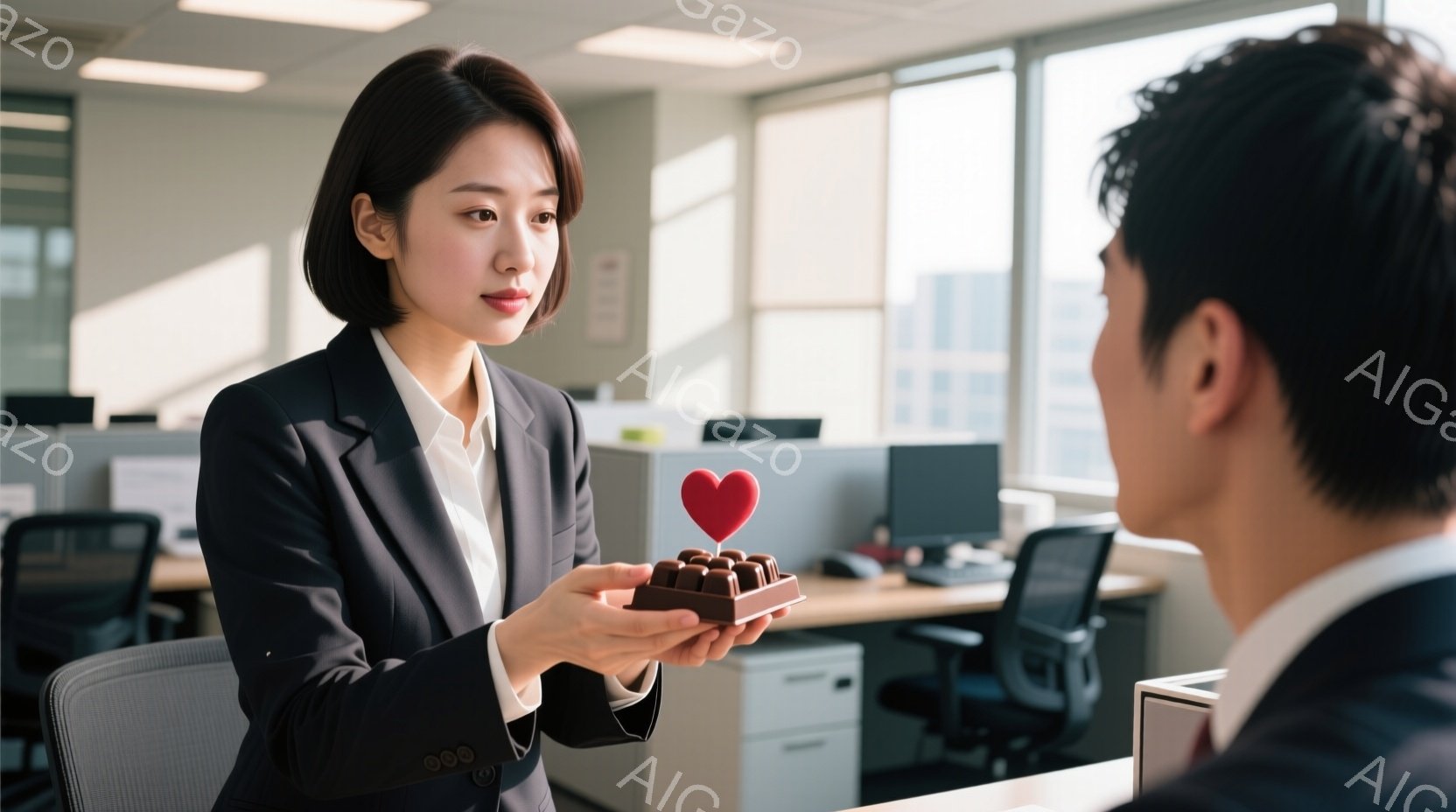 女性は黒いジャケットと白いブラウスを着ており、髪は肩にかかる程度の長さで、前髪は少しだけカールしている。彼女はチョコレートを手に持ち、相手に差し出そうとしており、表情はやや控えめで、少し微笑んでいるように見える。背景はオフィスで、デスクや椅子が並び、全体的に明るく清潔な印象で、温かい雰囲気が漂っている。