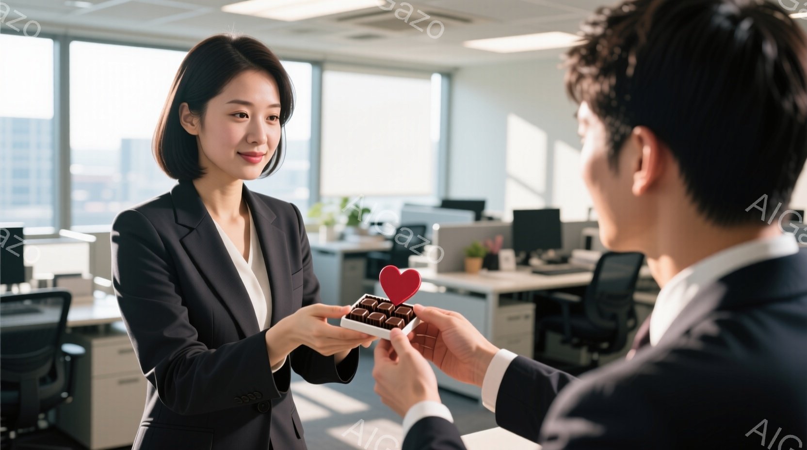 女性は黒いスーツを着て、短くダークブラウンのヘアスタイルで、穏やかな笑顔でチョコレートを男性に差し出しています。男性は黒いスーツを着ており、チョコレートを受け取るために手を伸ばしています。オフィス内は白を基調とした清潔感のある空間で、背景にはデスクやパソコン、観葉植物が見え、窓の外には高層ビル群が広がっています。